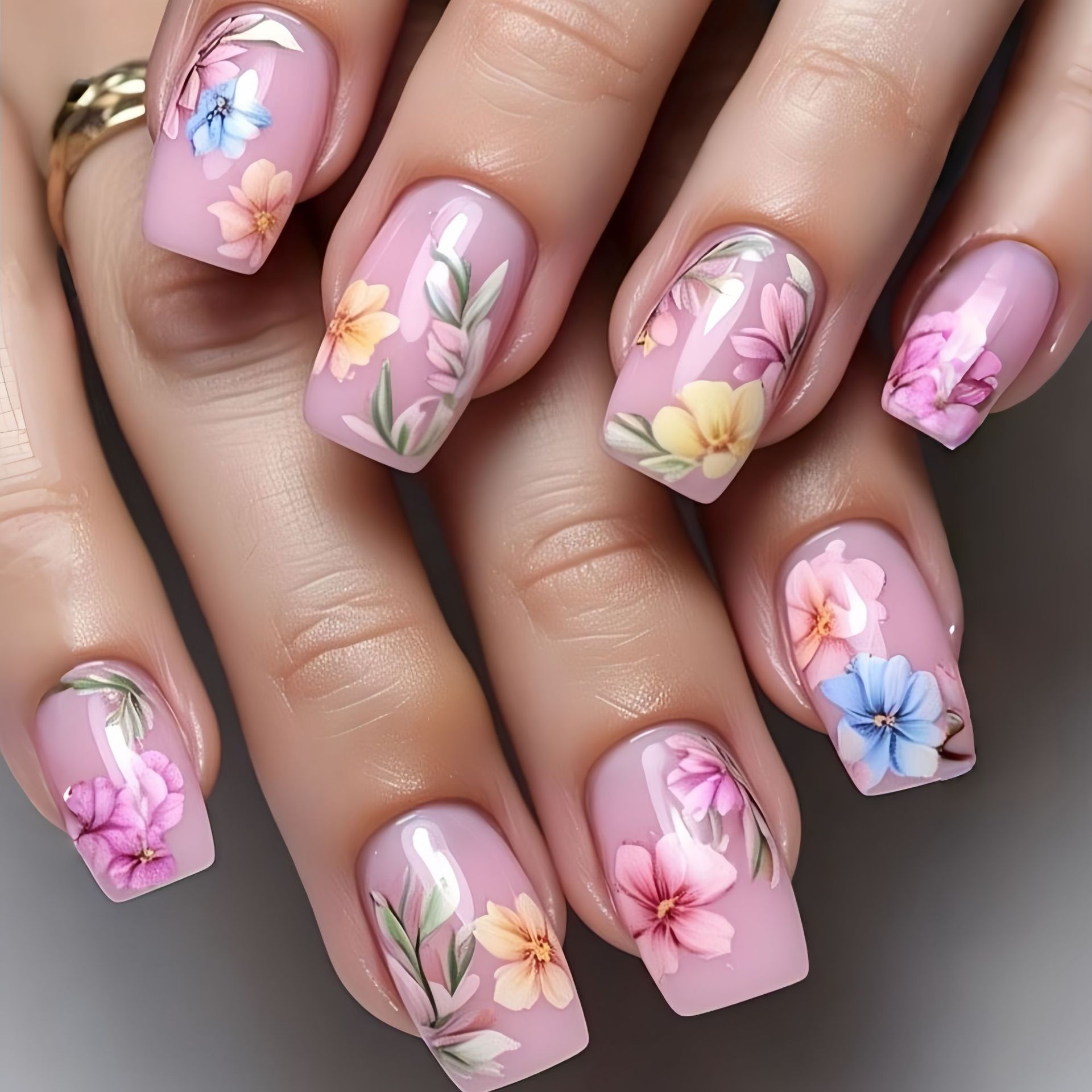 Pressed Flower Art - Faux ongles moyens pour femmes et
